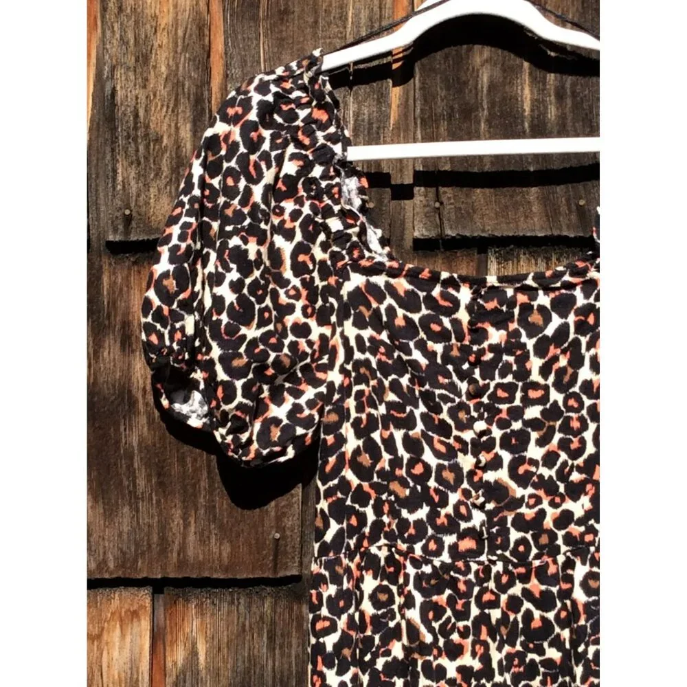 Who What Wear Womens Dress Small Baby Doll Leopard Print Linen Rayon Puff Sleeve